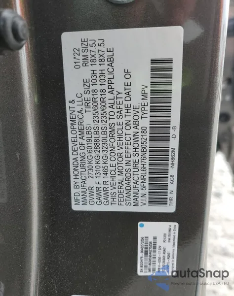 2022 Honda Odyssey Exl z USA, uszkodzony, nr VIN 5FNRL6H76NB052180